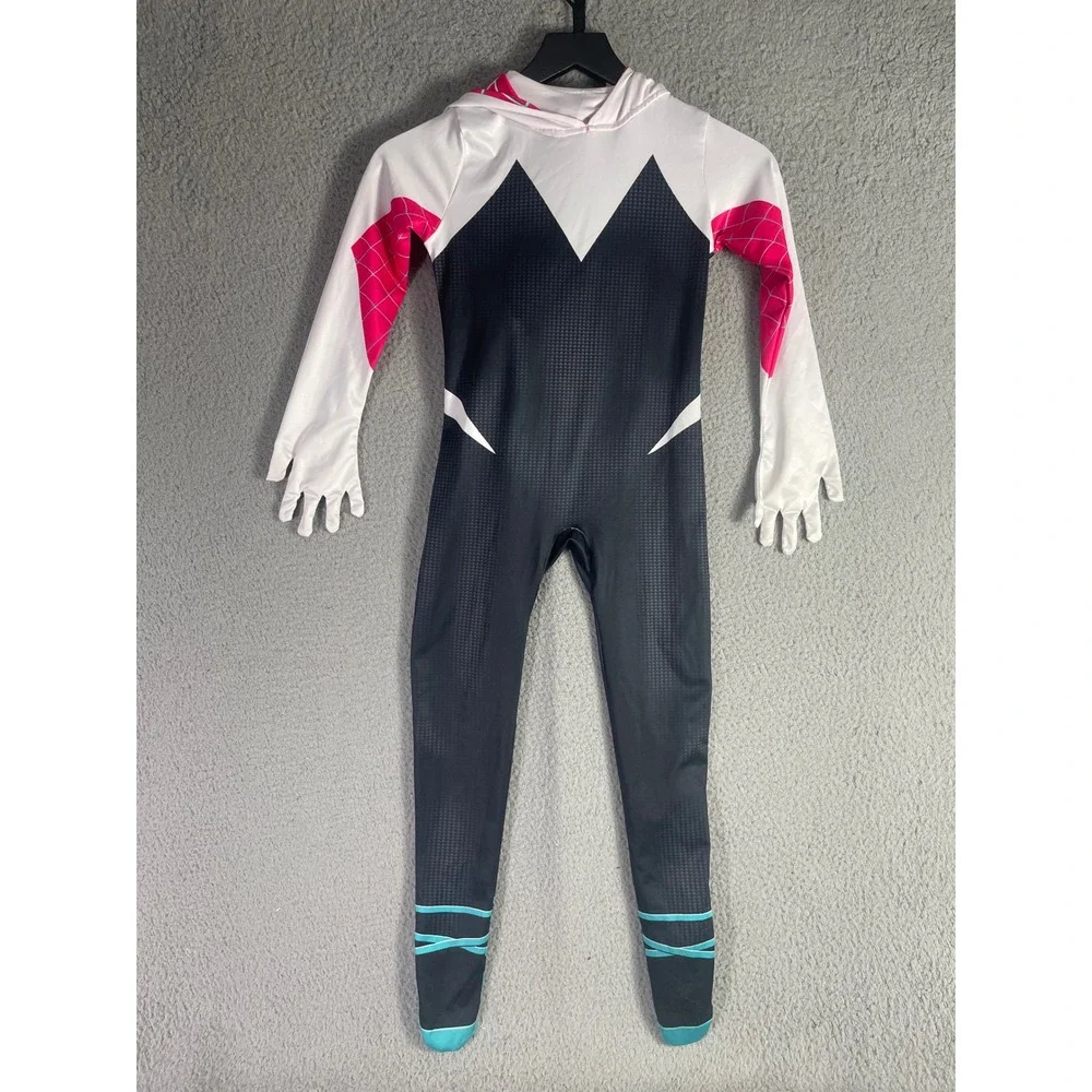 Spider Gwen Ghost Spider Kids Costume Jumpsuit Youth M L Hooded Cosplay Bodysuit